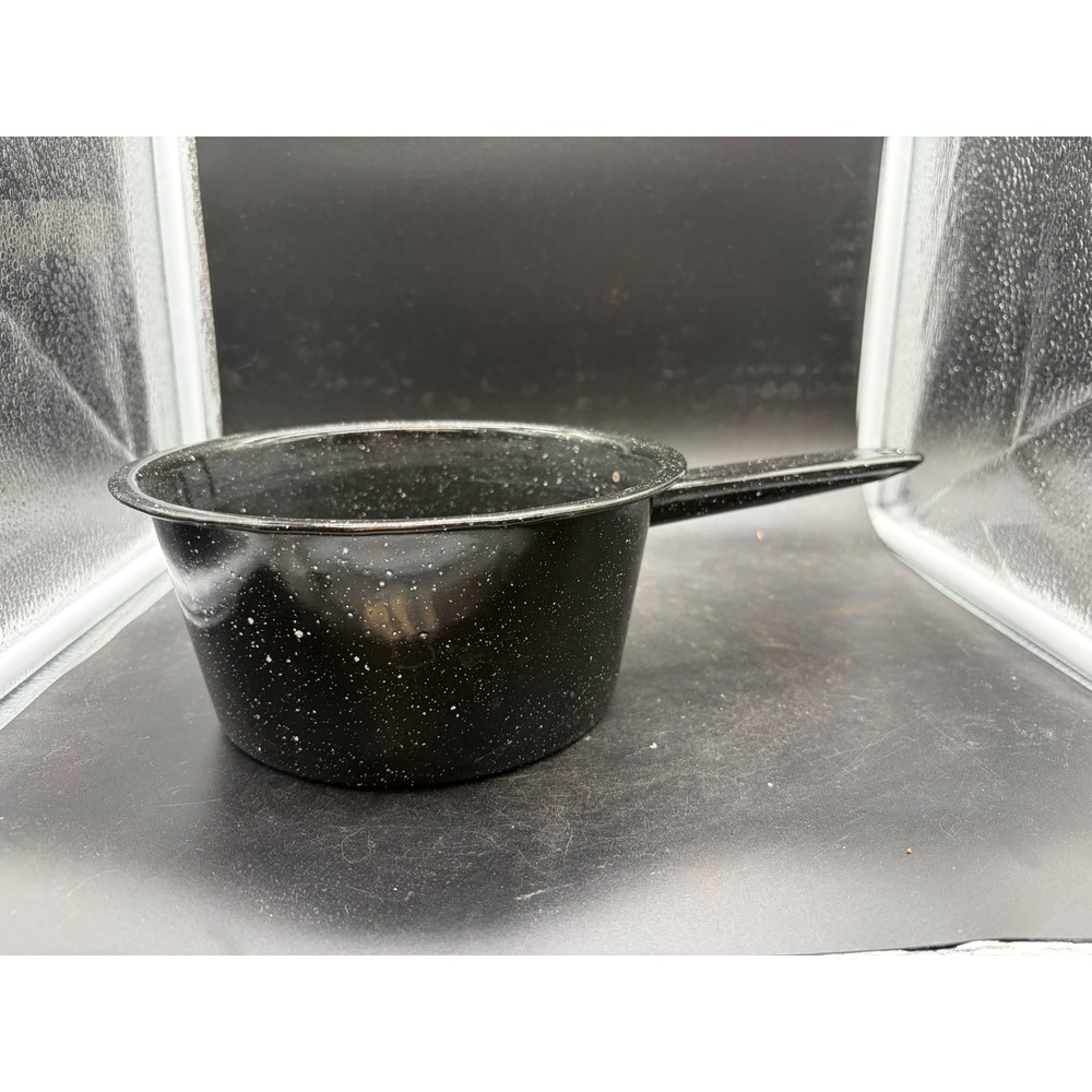 Vintage Black Speckled Enamelware Saucepan White Granite Enamel Pot Farmhouse